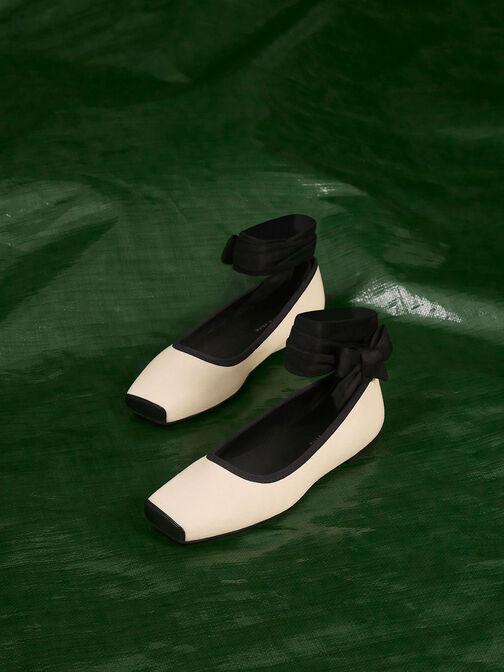 Tie-Around Canvas Ballerina Flats, Black Textured, hi-res