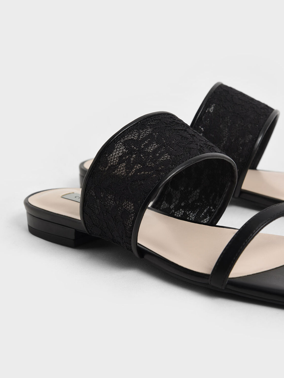 Lace & Mesh Slide Sandals, Black, hi-res