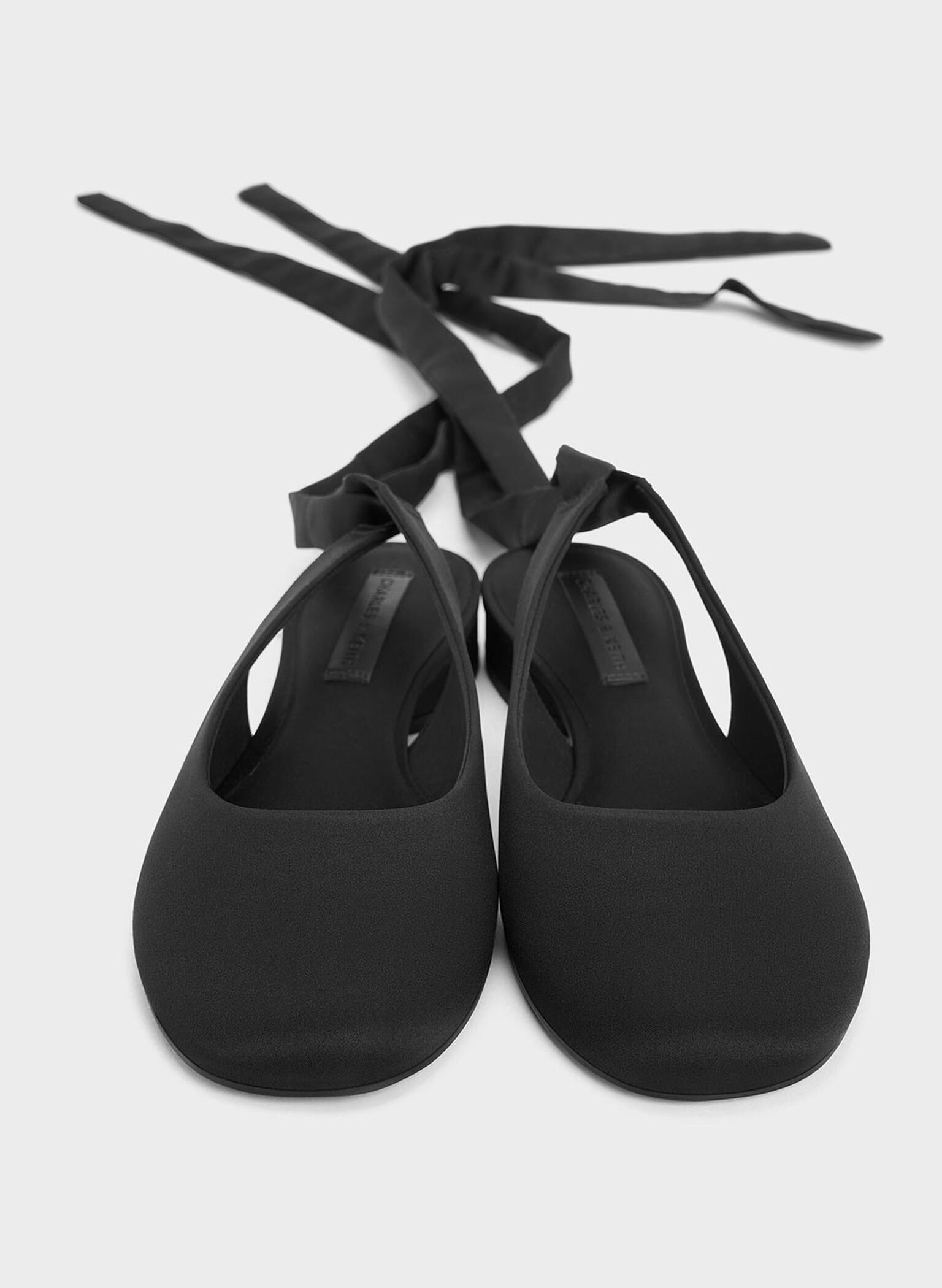 Satin Tie-Around Ballet Flats, Black Textured, hi-res