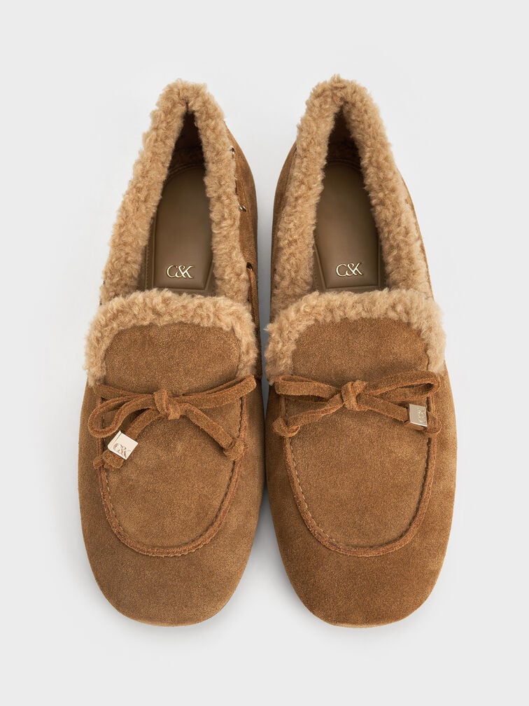 Gavyn Suede Shearling-Lined Boat Shoes, Brown, hi-res