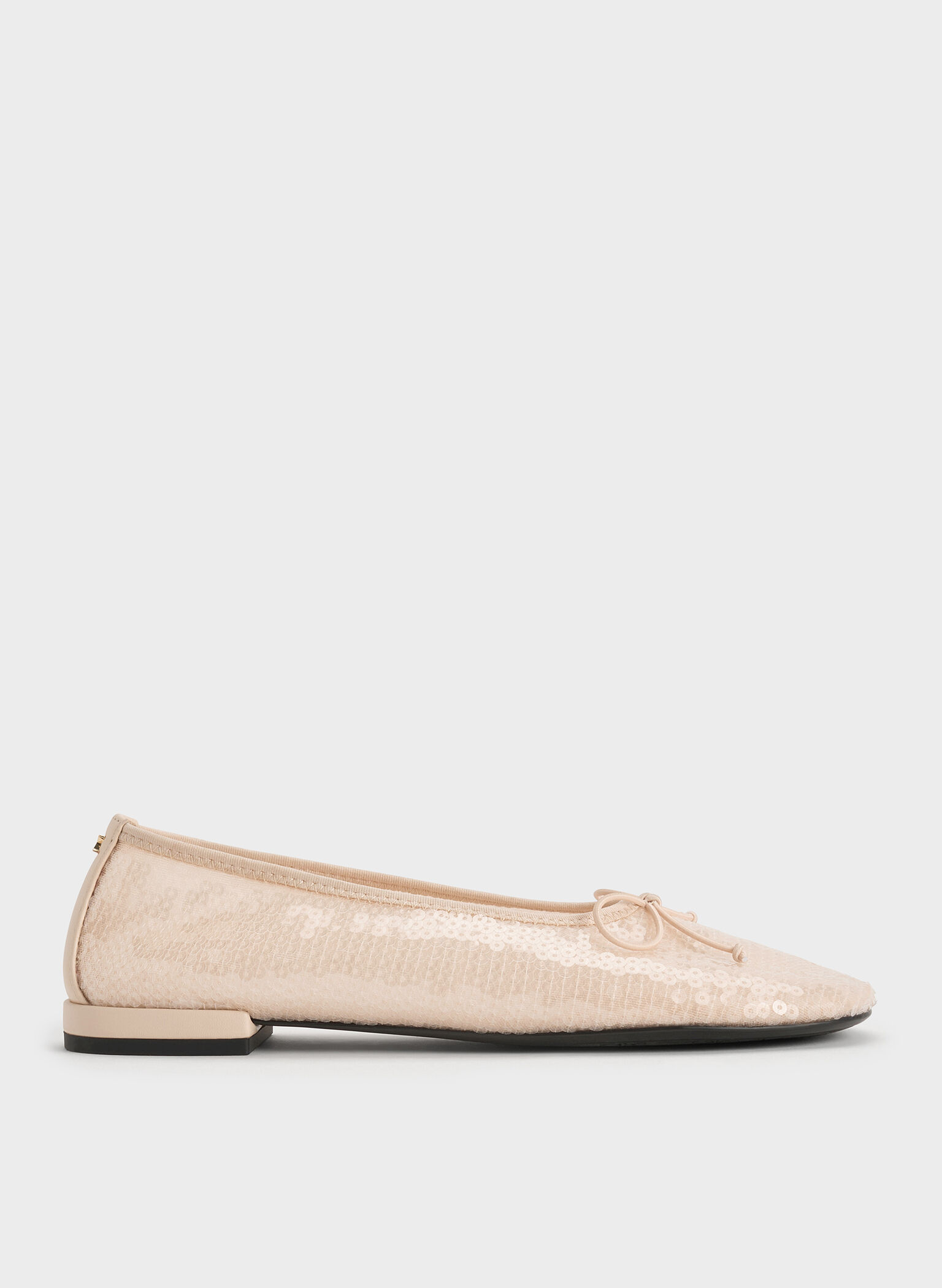 Sequin Mesh & Leather Bow Ballet Flats, Nude, hi-res