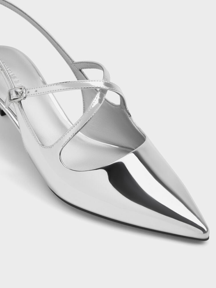 Pauline Metallic Crossover Slingback Kitten Heels, Silver, hi-res