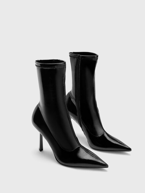 Patent Crinkle-Effect Pointed-Toe Stiletto Heel Ankle Boots, Black Patent, hi-res