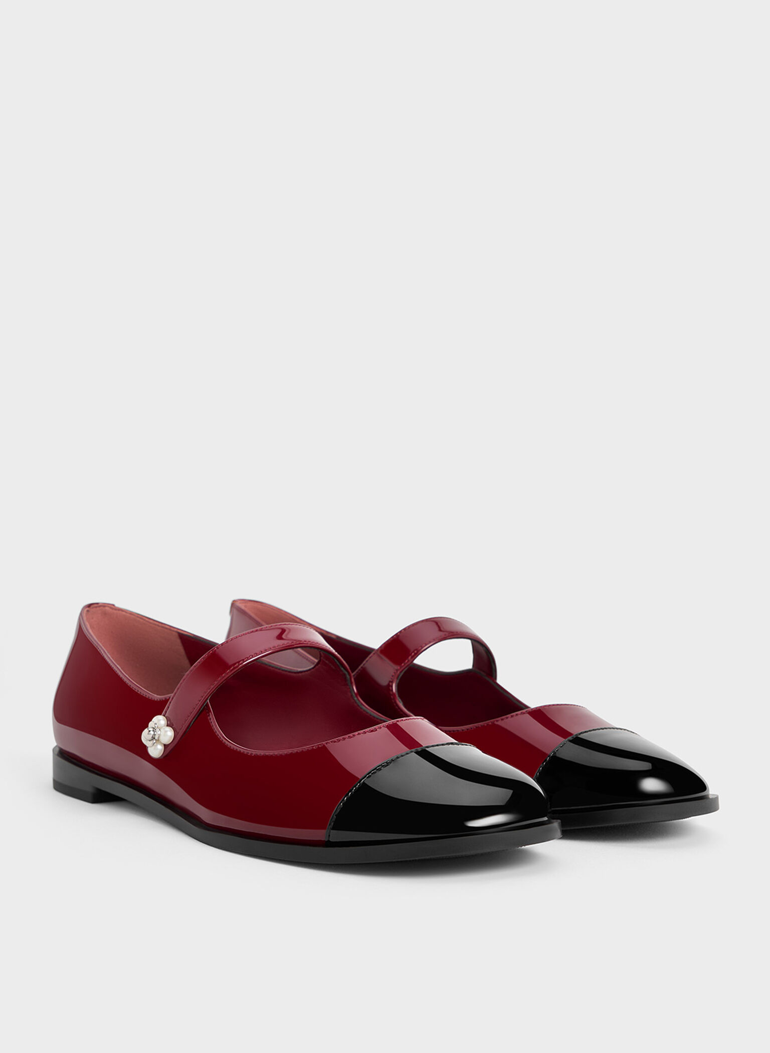Patent Pearl-Embellished Flower-Buckle Cap-Toe Mary Janes, Maroon, hi-res