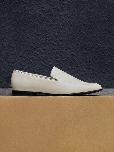 Almond-Toe Stitch-Trim Loafers, Chalk, hi-res