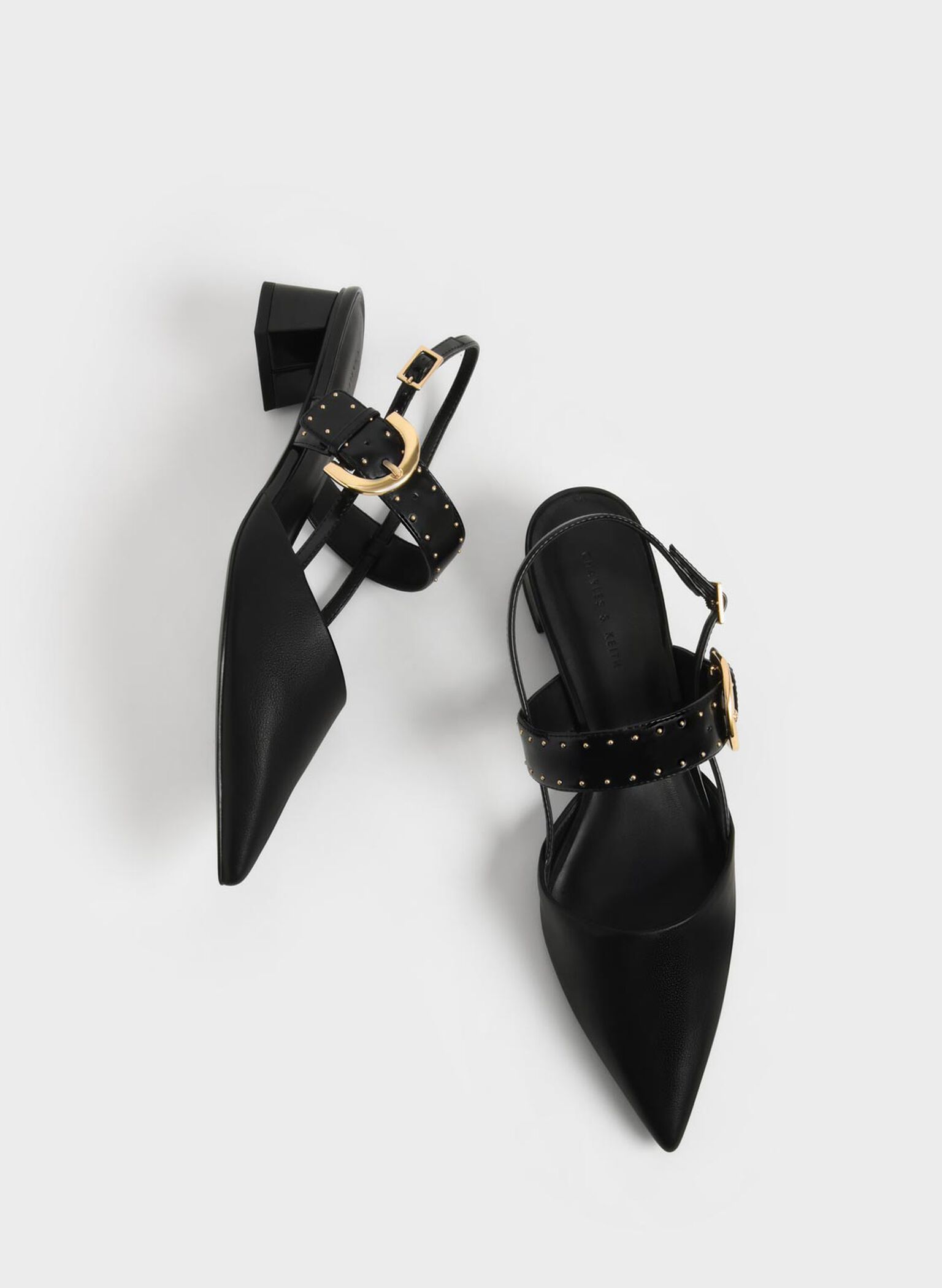 Studded Buckled Slingback Pumps, Black, hi-res