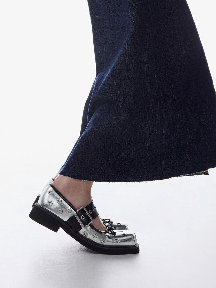 Metallic Grommet Buckled Mary Janes, Silver, hi-res