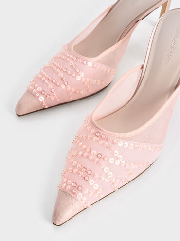 Mesh Sequinned Heeled Mules, Nude, hi-res