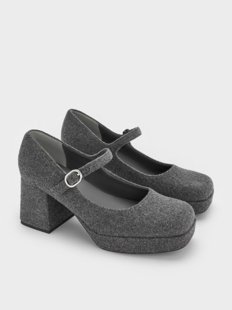 Felt Platform Block-Heel Mary Jane Pumps, Grey, hi-res