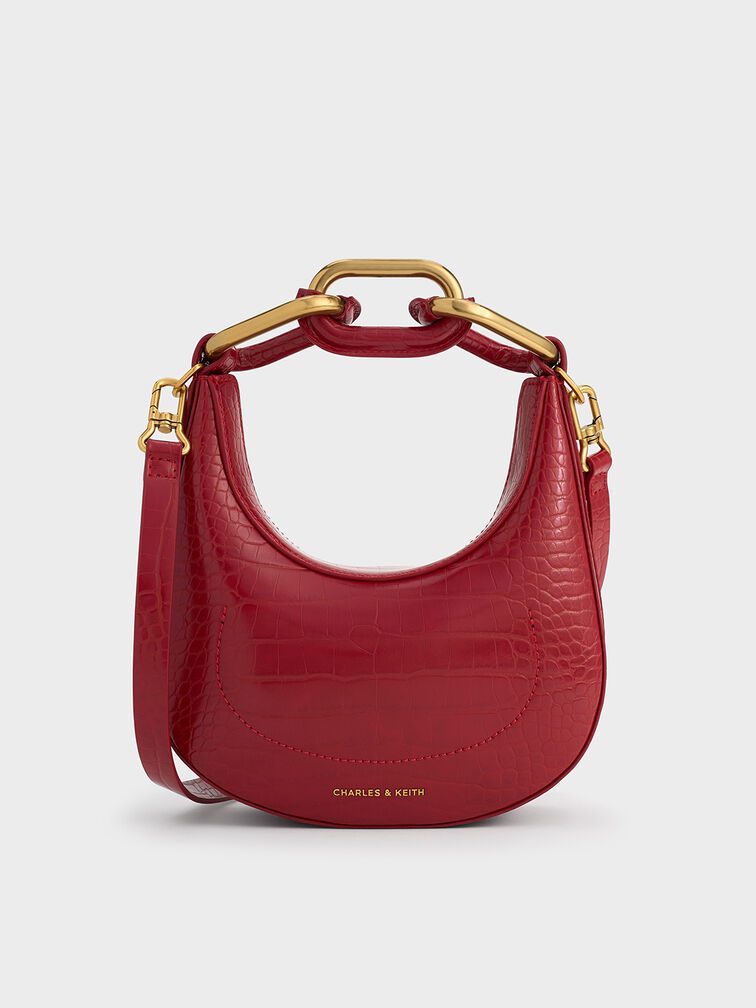 Mini Kora Croc-Effect Chain-Link Moon Bag, Crimson, hi-res
