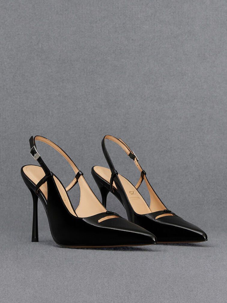 Leather Pointed Toe Slingback Pumps Black Box