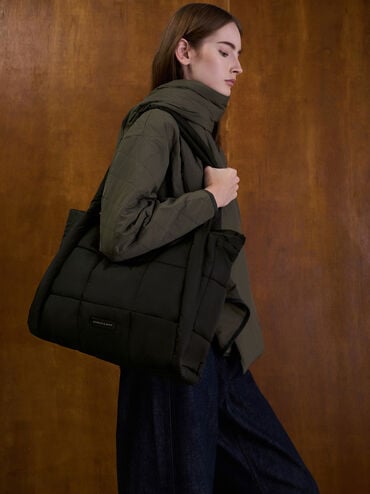 Errya Nylon Quilted Puffy Tote Bag, Jet Black, hi-res