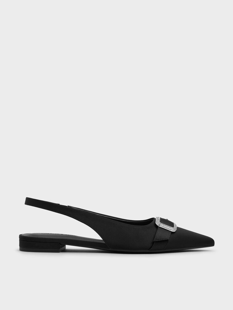 Satin Crystal-Buckle Pointed-Toe Slingback Flats, Black Textured, hi-res
