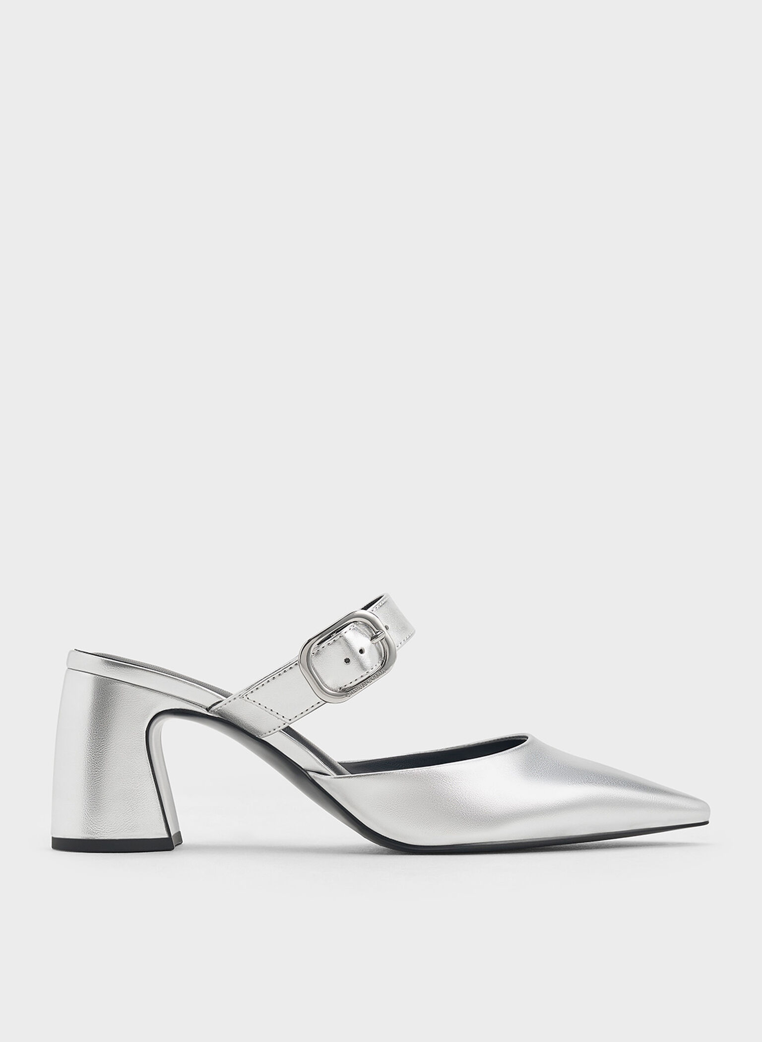 Metallic Pointed-Toe Mary Jane Heeled Mules, Silver, hi-res
