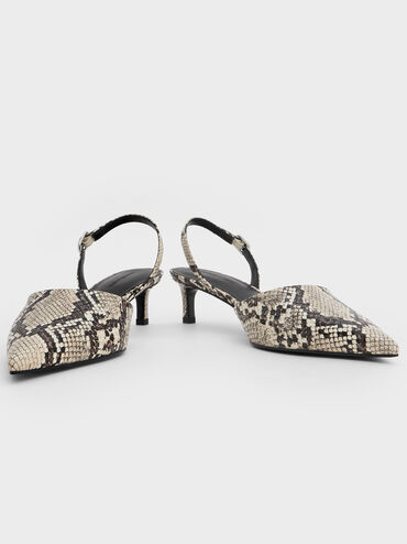 Snake-Print Pointed-Toe Slingback Kitten Heels, Animal Print Natural, hi-res