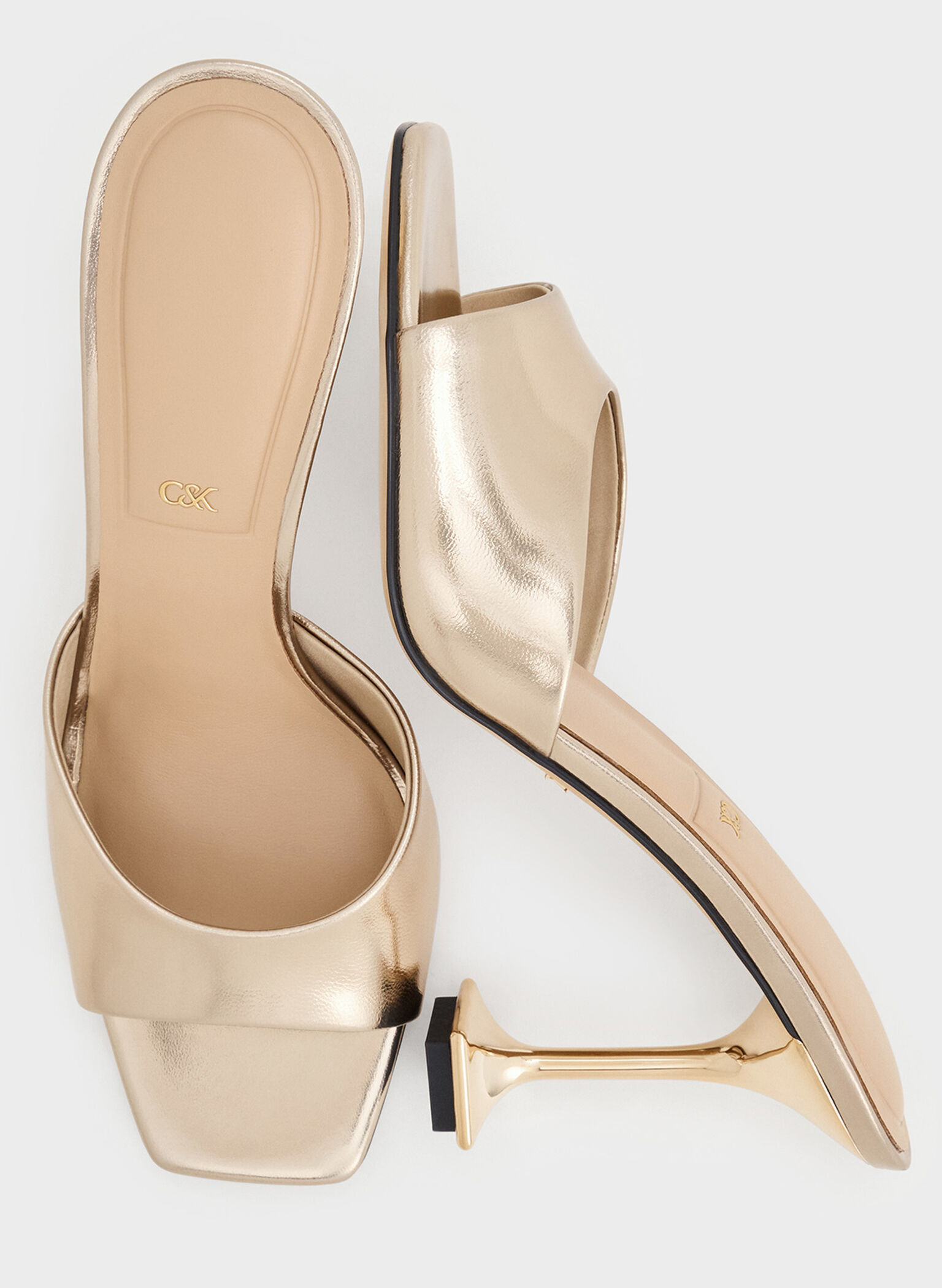 Jacqueline Metallic Leather Sculptural-Heel Mules, Champagne, hi-res