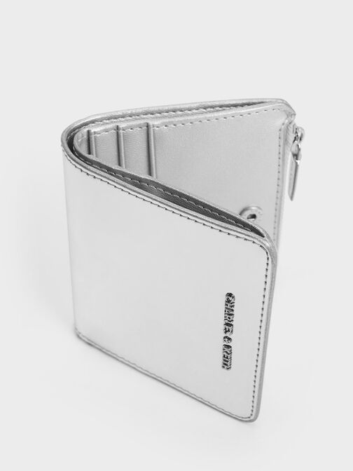 Metallic Top Zip Small Wallet, Silver, hi-res