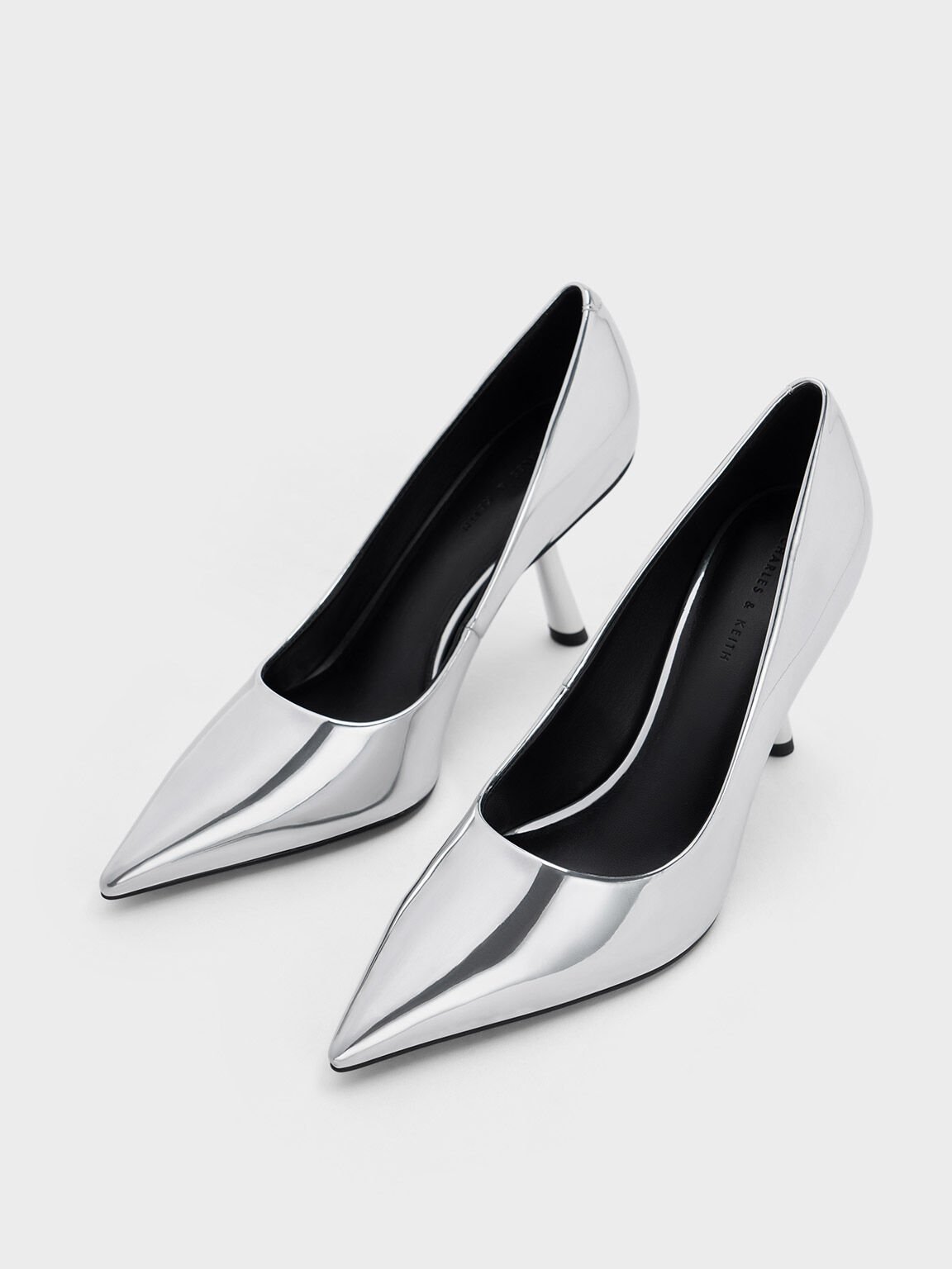 Metallic Slant Heel Pointed Toe Pumps Silver