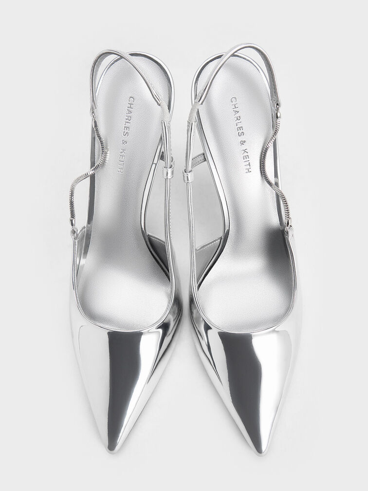 Metallic Chain-Strap Pointed-Toe Slingback Pumps, Silver, hi-res