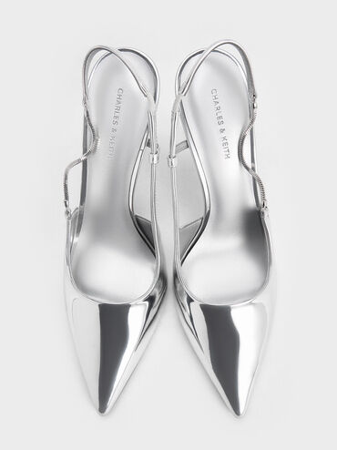 Metallic Chain-Strap Pointed-Toe Slingback Pumps, Silver, hi-res