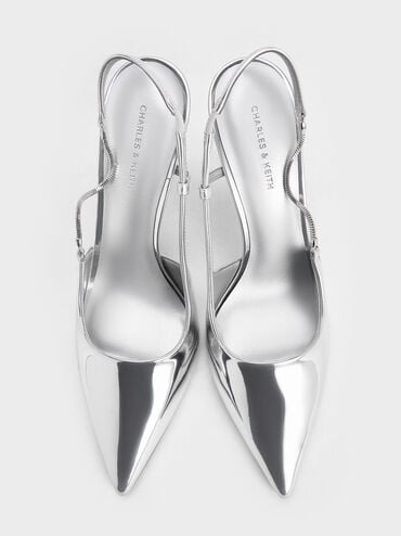 Metallic Chain-Strap Pointed-Toe Slingback Pumps, Silver, hi-res