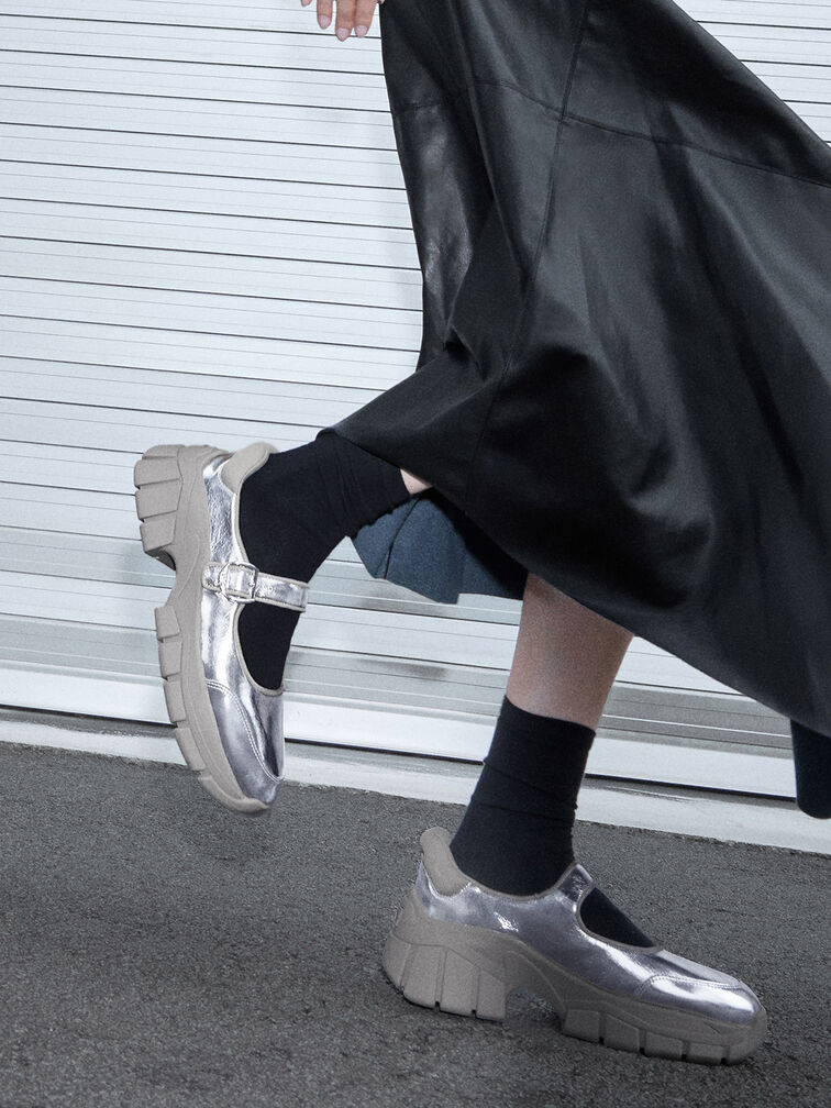 Yunna Metallic Leather & Recycled Fabric Mary Jane Sneakers, Silver, hi-res