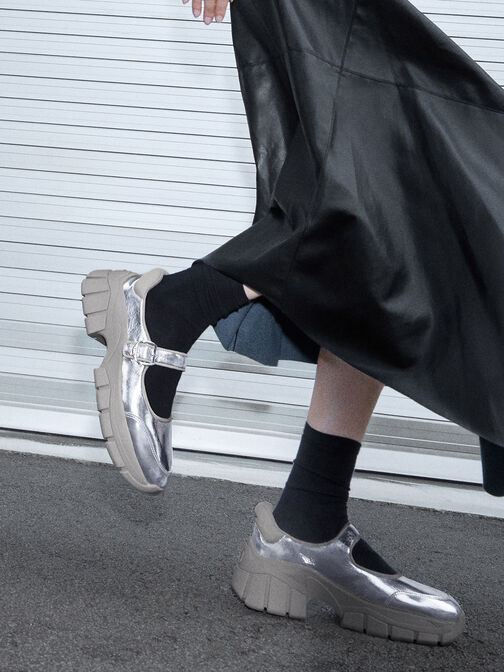 Yunna Metallic Leather & Recycled Fabric Mary Jane Sneakers, Silver, hi-res