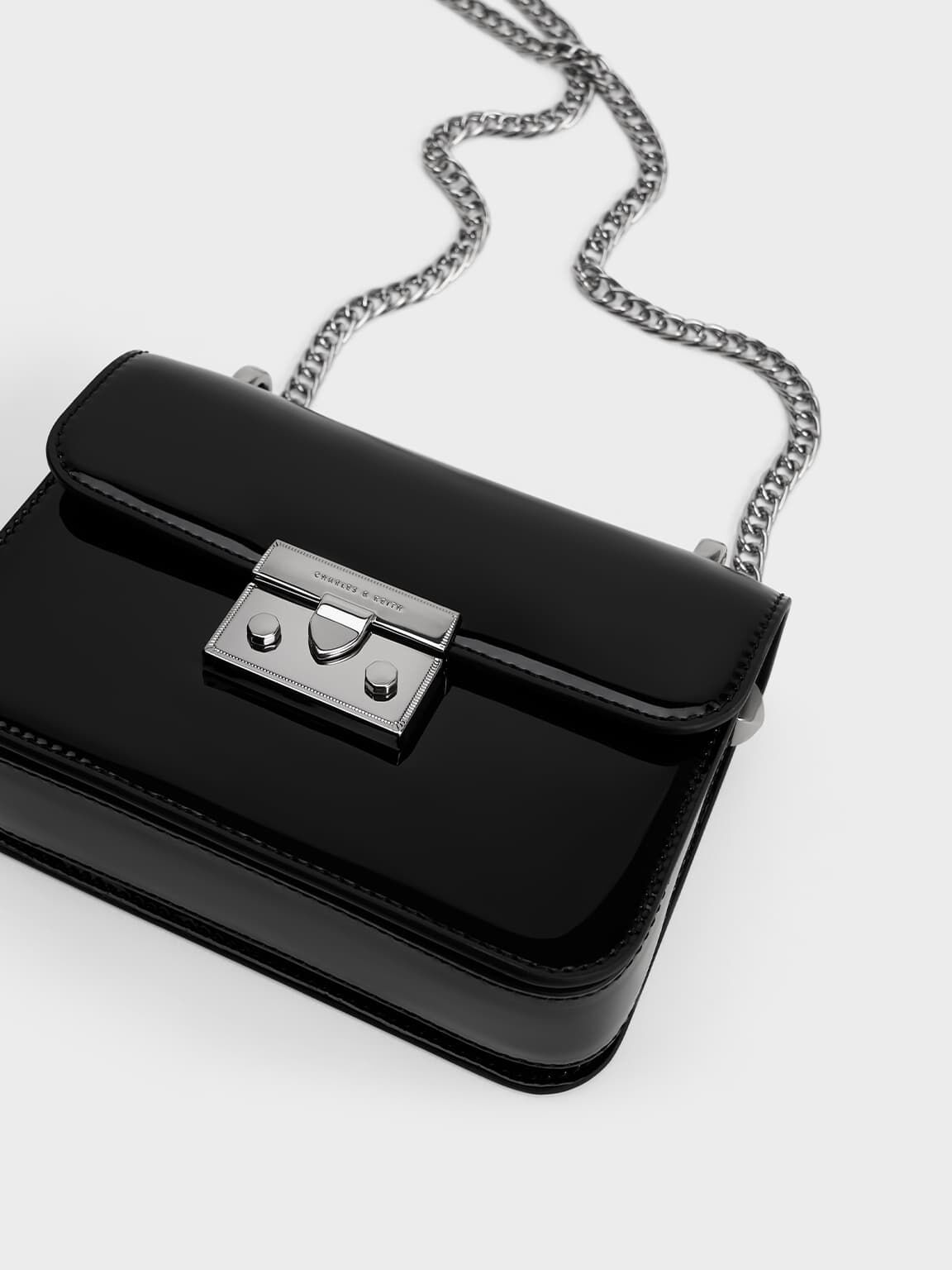 Alia Patent Chain Strap Crossbody Bag Black