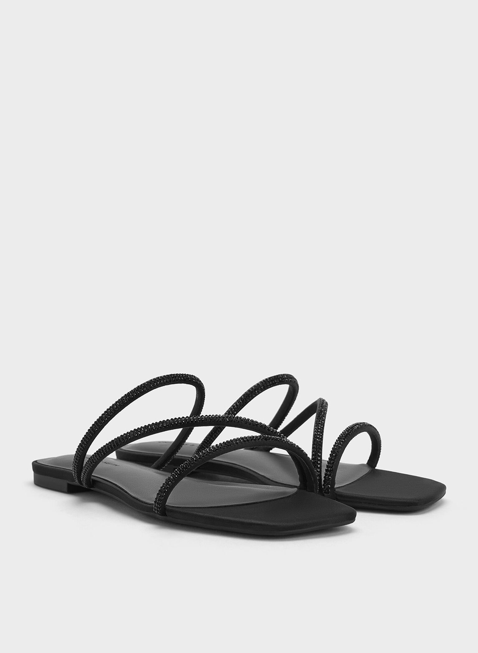 Satin Crystal-Embellished Strappy Sandals, Black Textured, hi-res