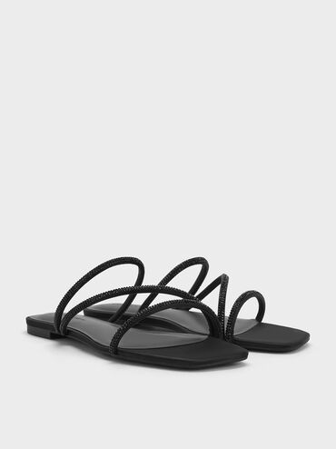 Satin Crystal-Embellished Strappy Sandals, Black Textured, hi-res