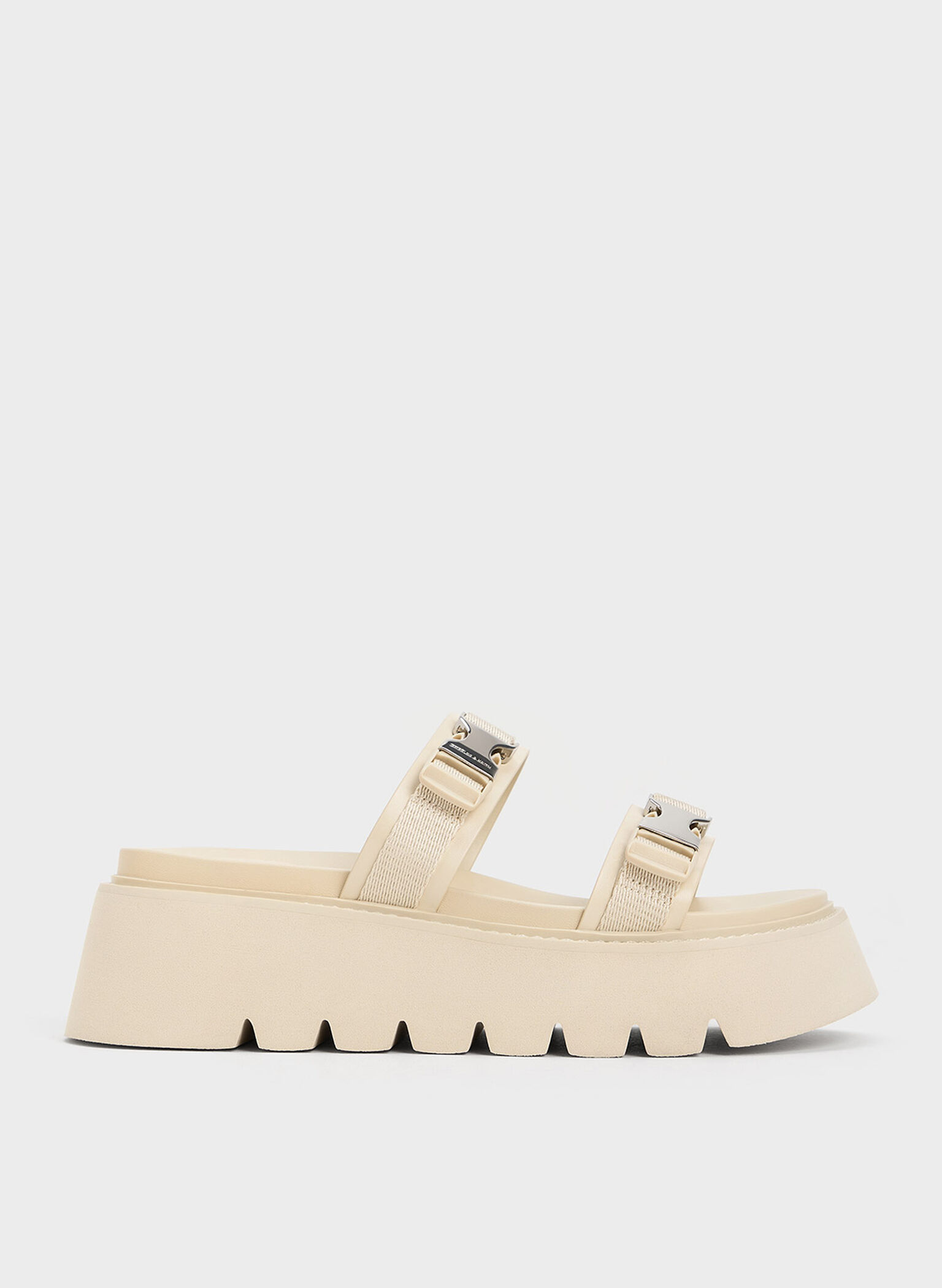 Laine Metallic-Buckle Flatform Sandals, Beige, hi-res