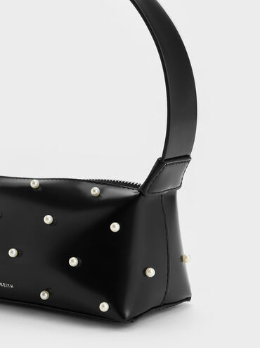 Pearl-Embellished Leather Top Handle Bag, Black, hi-res