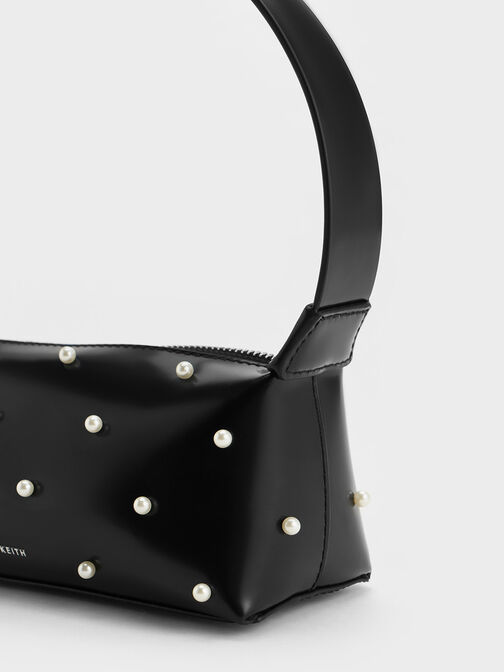 Pearl-Embellished Leather Top Handle Bag, Black, hi-res