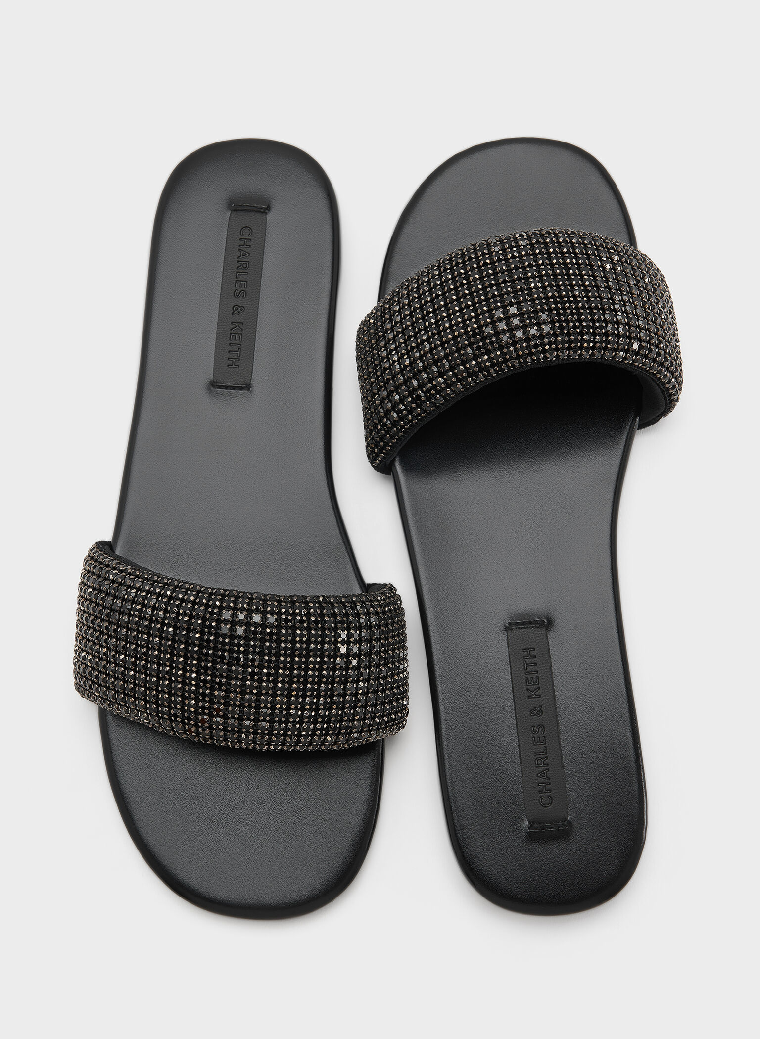 Faux Suede Crystal-Embellished Slide Sandals, Black Textured, hi-res
