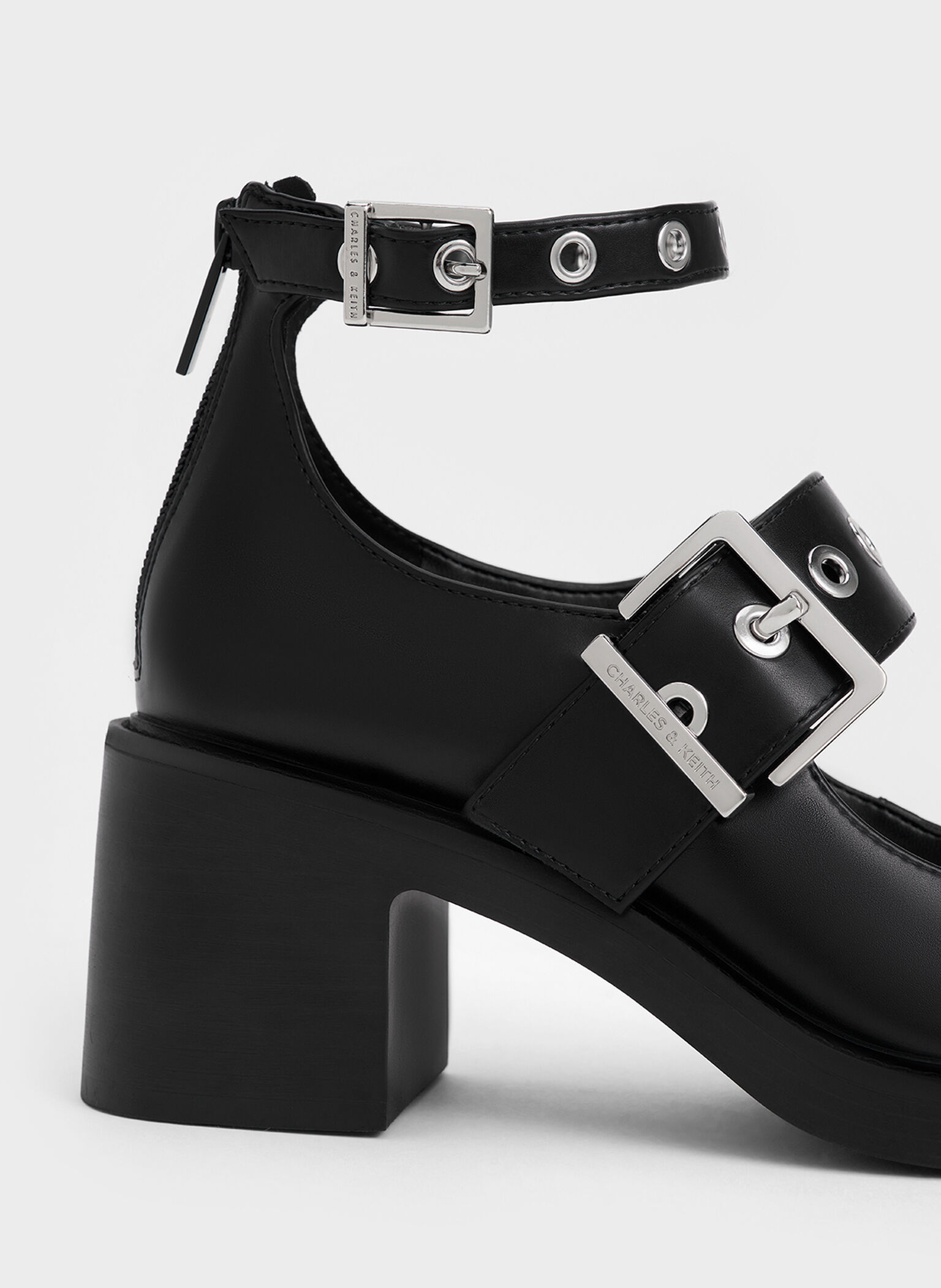 Grommet-Strap Mary Jane Pumps, Black, hi-res
