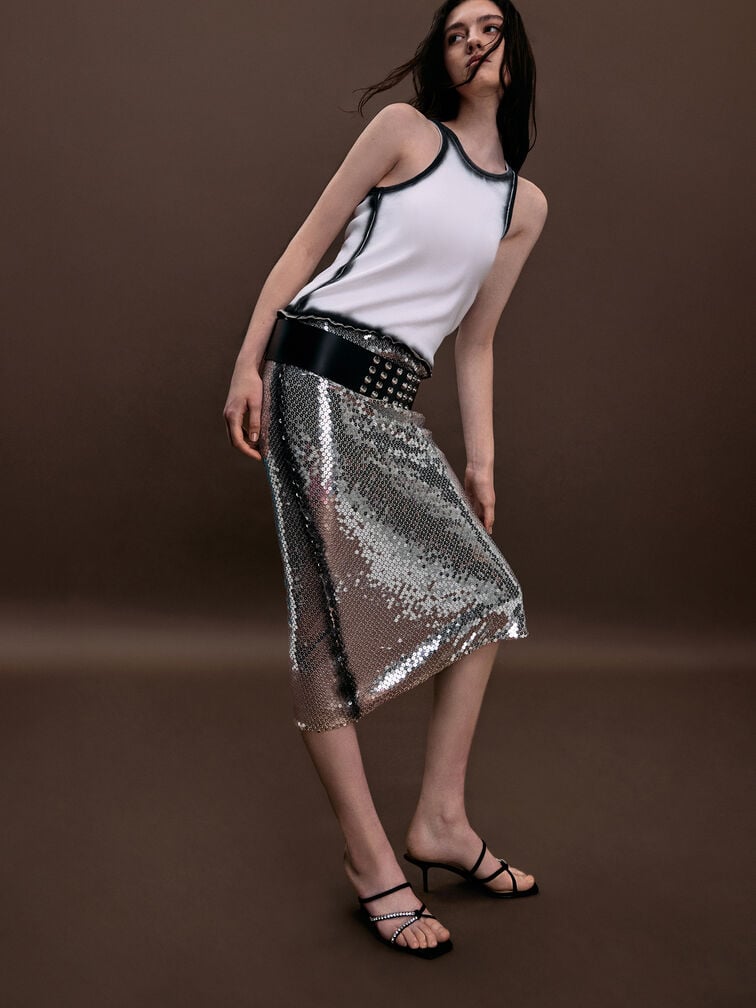 Recycled Polyester Gem-Embellished Strappy Heeled Sandals, Black Textured, hi-res