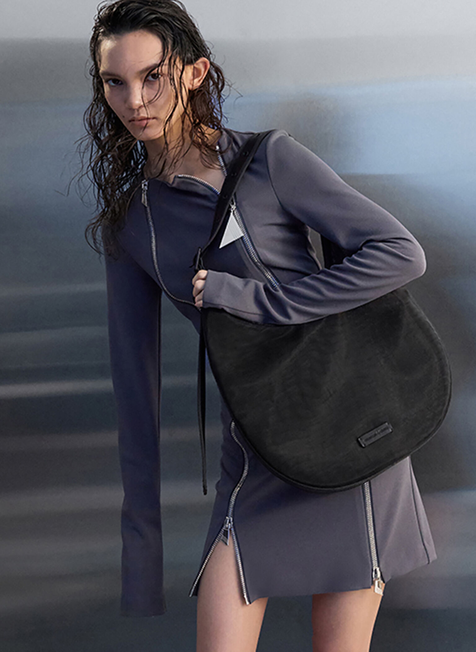 Mesh Crescent Hobo Bag, Jet Black, hi-res