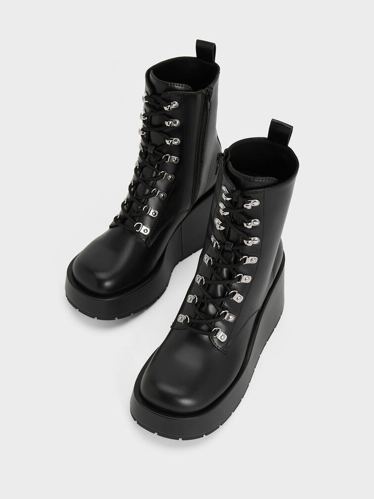 Lace-Up Platform Wedge Ankle Boots, Black, hi-res