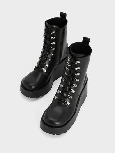 Lace-Up Platform Wedge Ankle Boots, Black, hi-res