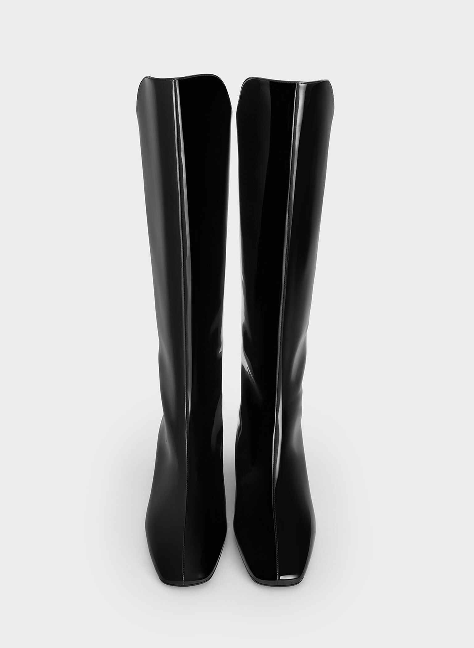 Patent Elongated Square-Toe Knee-High Boots, Black Patent, hi-res