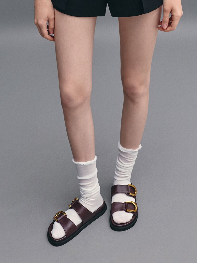 Gabine Gold-Buckle Leather Slides, Plum, hi-res