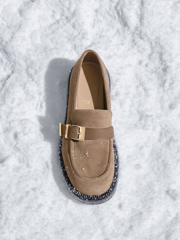 Leather & Suede Buckled-Strap Loafers, Taupe, hi-res