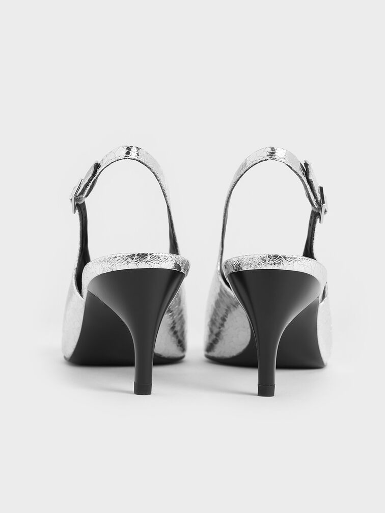 Metallic Crinkle-Effect Pointed-Toe High-Vamp Slingback Pumps, Silver, hi-res