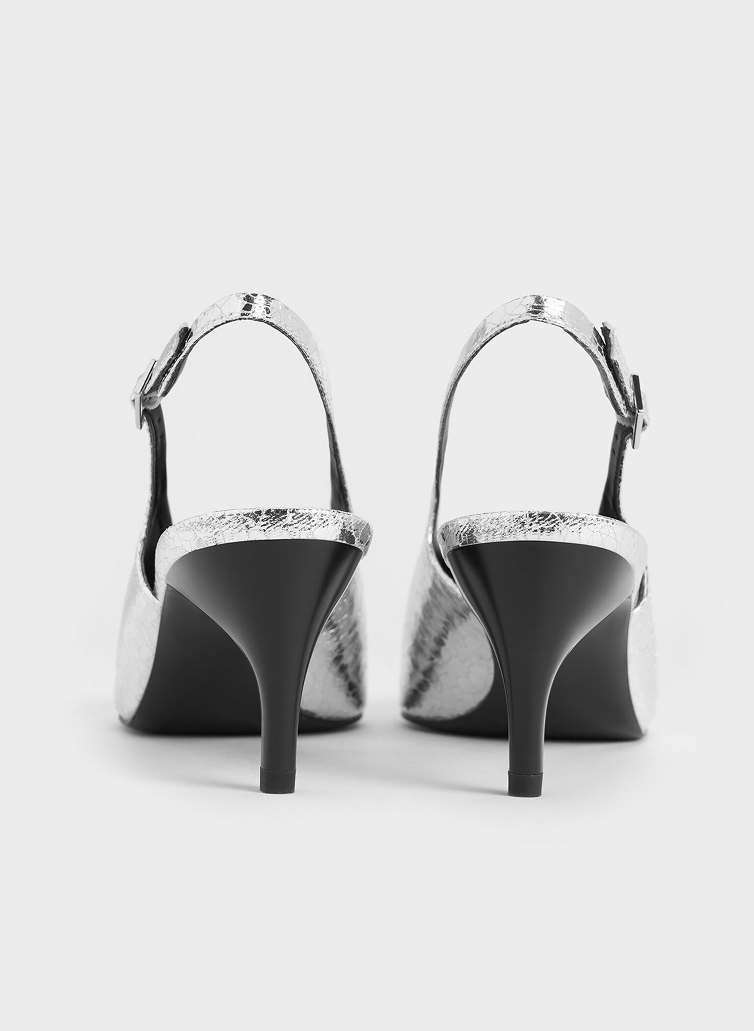 Metallic Crinkle-Effect Pointed-Toe High-Vamp Slingback Pumps, Silver, hi-res