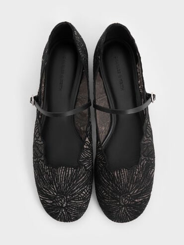 Meja Floral Mary Jane Flats, Black Textured, hi-res