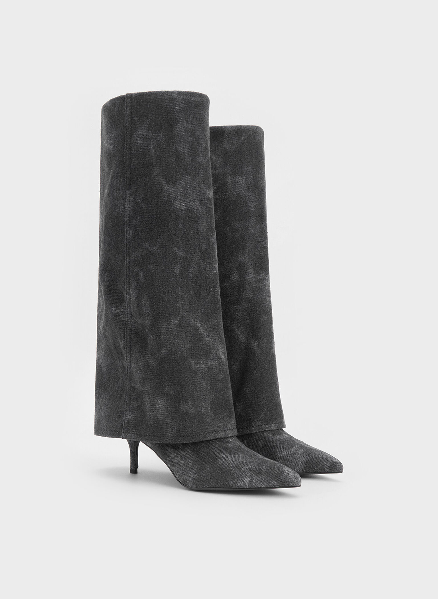Denim Fold-Over Pointed-Toe Knee-High Boots, Dark Grey, hi-res