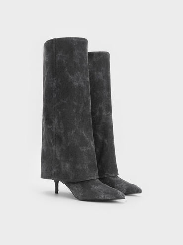 Denim Fold-Over Pointed-Toe Knee-High Boots, Dark Grey, hi-res