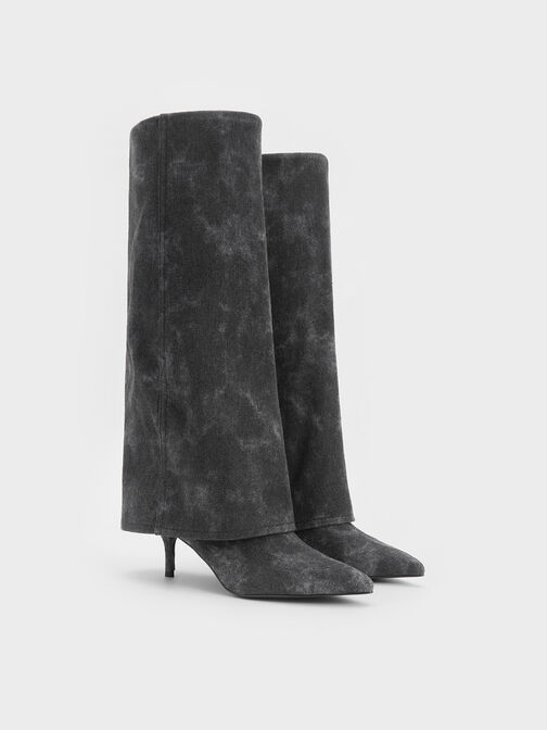 Denim Fold-Over Pointed-Toe Knee-High Boots, Dark Grey, hi-res