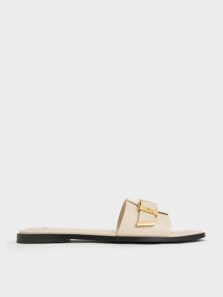 Whitney Leather Buckled Square-Toe Slide Sandals, Chalk, hi-res