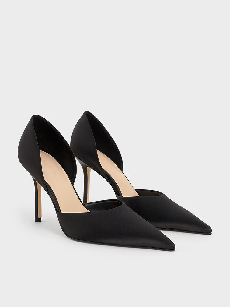 Satin Pointed-Toe D'Orsay Pumps, Black Textured, hi-res